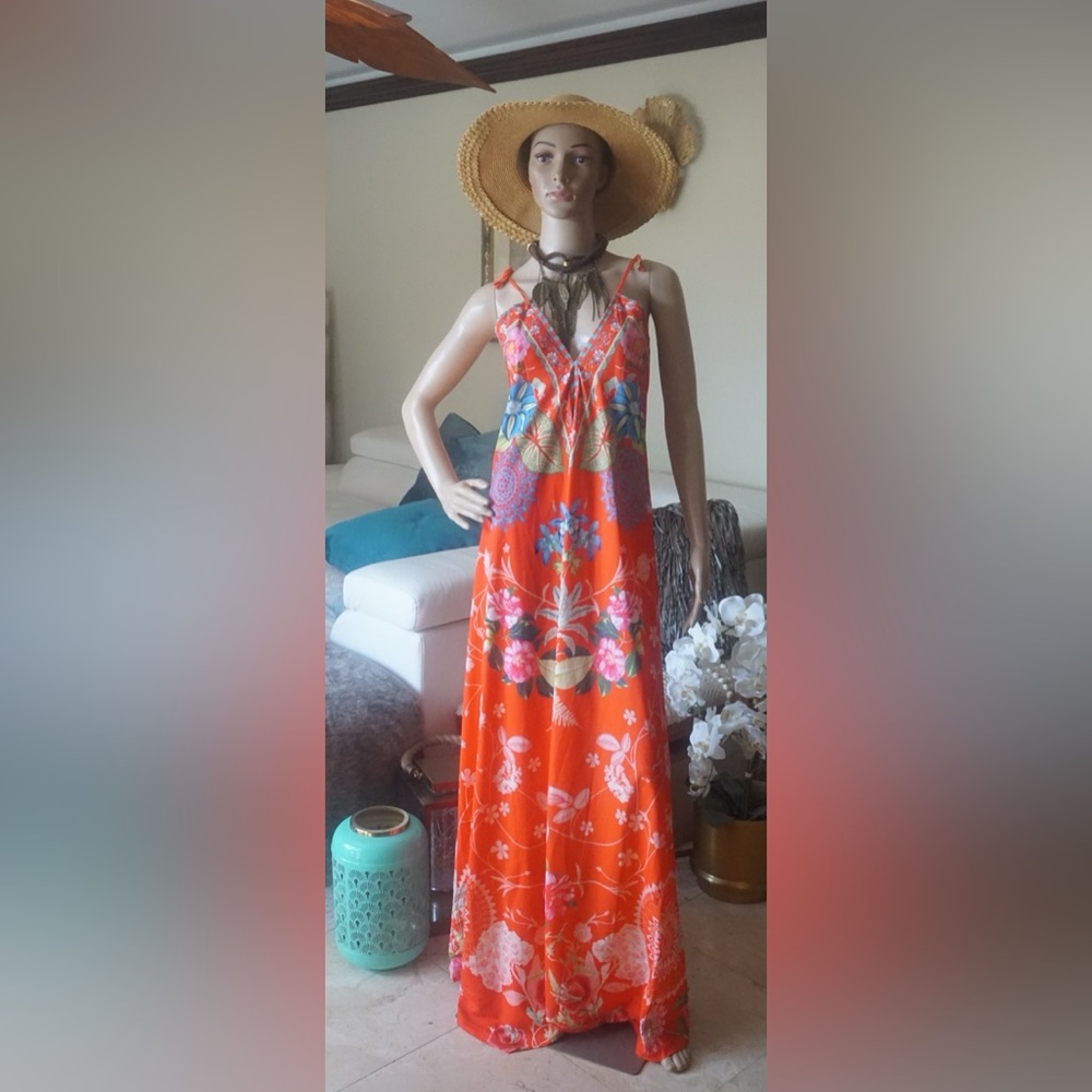 SHEIN Orange and White Halter Maxi Sundress
